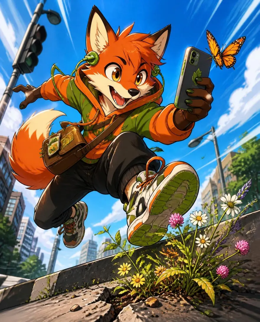 Pori the fox leaps over a curb towards wildflowers, scanning a butterfly with a phone
