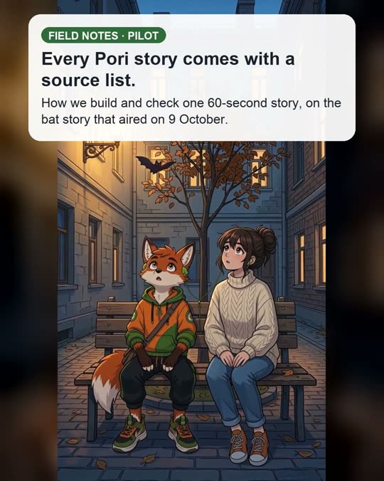 Pori and his sister on a courtyard bench at dusk, with the card "Every Pori story comes with a source list."